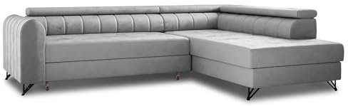 Ecksofa Alice mit Schlaffunktion und Bettkasten, Wohnlandschaft mit einstellbare Kopfstützen, Couch, Sofa, Bettsofa, Schlafsofa (Grau (Paros 05), Ecksofa Rechts)