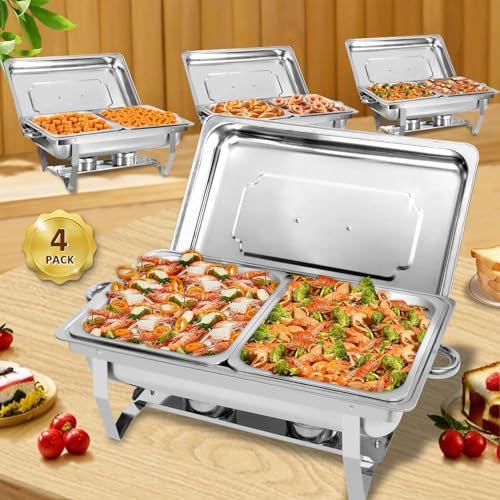 Jacgood Chafing Dishes for Buffet, 4 Pack 9L Roll Edge Designed Chafing Dish Buffet Set with 8 Half Size Food Pans, Stainless Steel Food Warmers for Parties Birthday Holiday Parties Banquets Dinners