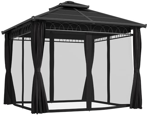 Outsunny 3 x 3 (m) Outdoor Polycarbonate Gazebo, Double Roof Hard Top Gazebo with Galvanised Steel Frame, Nettings & Curtains for Garden, Lawn, Patio and Deck, Dark Grey
