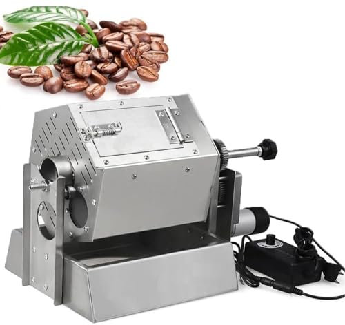 Tostador de café, máquina tostadora de café eléctrica de acero inoxidable, con termómetro, tambor tostador de granos de café con nueces automáticas for hogares, cafeterías, hoteles plateado