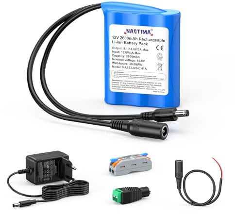 NASTIMA de 2600mAh y 28,08Wh 12V Batería Recargable de Iones de Litio Apta para Cámaras, Videocámaras, Reproductores MP3, Teclados Electrónicos, Cámaras CCTV, Routers, etc. Incluye Cargador y Conector