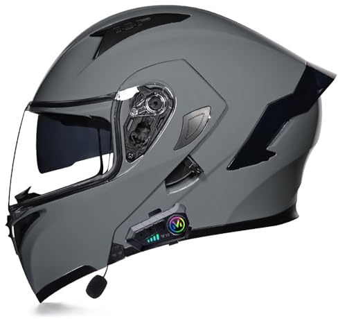 Motorcykelhjälm med uppfällbar integralhjälm, Bluetooth DOT/ECE-certifierad, andningsbar och bekväm med dubbelvisir och mikrofon, for män och kvinnor. Lämplig for skotrar.(J,L(56~57cm))
