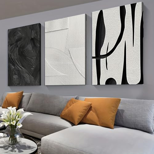 3 Poster Set, Abstract Black and White Canvas Wall Art, Modern Line Art Pictures, Geometric Minimalist Posters for Living Room and Bedroom Decoration, Unframed (40 x 50 cm)
