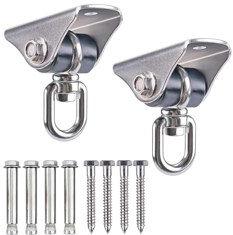 Kit di 2 ganci per altalena resistenti (capacità di 725,7 kg ciascuno), ganci girevoli da soffitto con boccole silenziose per legno/cemento, per altalene e sedie a dondolo