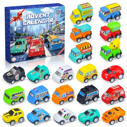 Adventskalender 2026 Kinder Jungs Autos, 24 Tage Weihnachts-Rückzieh Auto Countdown-Kalender für junge, mit Autos und Baufahrzeugen Set, Überraschung Weihnachtsauto Spielzeug Adventskalender Geschenk