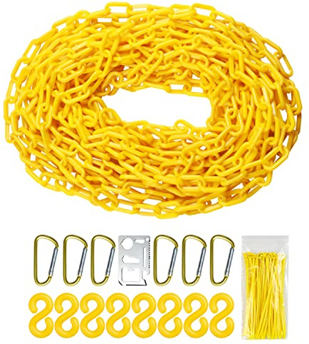 Yellow Plastic Chain - 32 50 65 Feet Plastic Safety Barrier Chain for Crowd Control, Parking Barrier and Delineator Post with Base - Safety Security Chain with Accessories