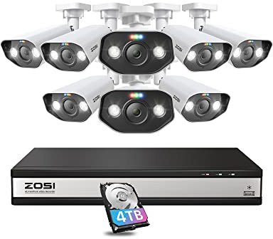 ZOSI 4K Kit Cámaras Vigilancia PoE Exterior 8MP 16CH(Ampliable a 32CH) Sistema Grabador NVR con 8X Cámara Seguridad, con Detección de Persona/Vehículo, Visión Nocturna, Audio, 4TB Disco Duro