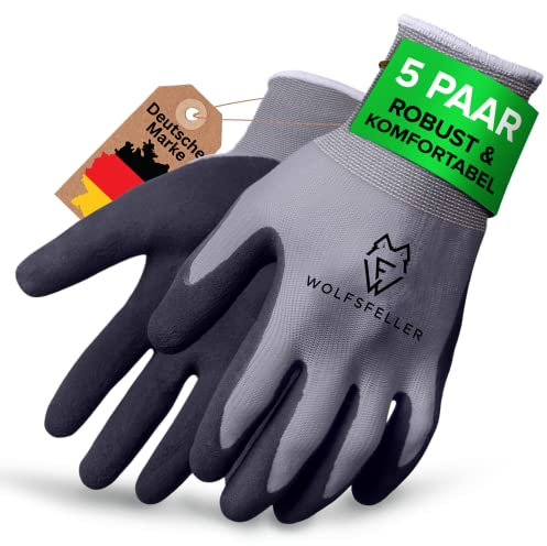 WOLFSFELLER Premium Arbeitshandschuhe Herren Gr 9 | 5 Paar Robuste & Komfortable Montage-Handschuhe Damen | Mit Langlebiger Nitril-Beschichtung