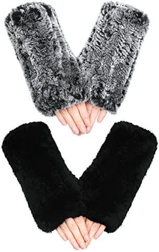 Geyoga 2 Pairs Winter Fur Gloves Rabbit Fur Mittens Knit Long Fingerless Gloves Warm Hand Muffs for Women Girls (Black and Frost Black)
