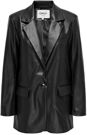 Only Americana para Mujer con Aspecto de Piel de Corte Holgado con Cuello de Solapa, Negro, S