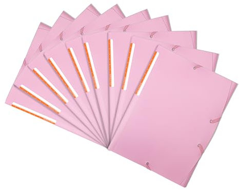 Mintra Lot de 10 Pochettes à 3 Rabats A4 Premium, En Polypropylène, Pochette 3 Rabats Avec Élastique, Pochette 3 Rabats Plastique, Rose