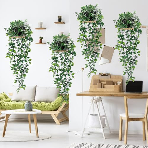 HRKVSK Kunstpflanze Hängend im Topf, 4 Stück Künstliche Hängepflanzen im Topf, Künstliche Pflanzen im Topf, Gefälschte Mandalablätter Wartungsfreie für Büro, Garten, Party, Wanddekoration (83cm)