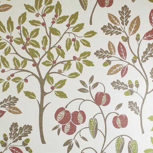 Crown M1762 Rowan Autumn Trees Luxury Fabric Effect Wallpaper, Olive