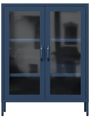 Jan Nowak 2-türiger Vitrinenschrank - GINA | 2 verstellbare Ablagen, Gehärtetes Glas, Wandmontage | Glasvitrine Stehend, Vitrine Glas, Wohmzimmerschrank Glitzernd | 80 x 101,5 x 40 cm | Dunkelblau