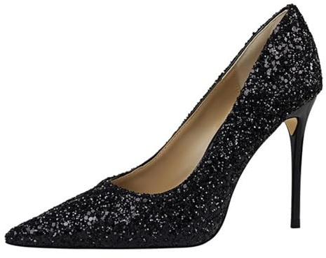 Paillettes Bout Pointu Talon Aiguille Escarpins Femme Talon Haut Sexy 9.5cm À Talon Bloc Haute pour Bureau Mariages Fêtes (37,Noir)
