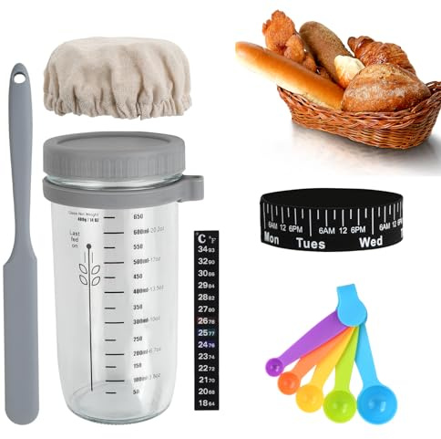 Barattolo di Pasta Madre, Kit Barattolo per Lievito Madre 650ml, Barattolo di Vetro per Fermentazione con Termometro, Spatola in Silicone, Misurino, Coperchio in Tessuto, Coperchio