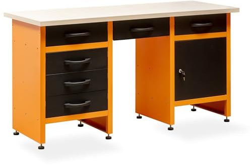 METALLMOBELL - Banco de Trabajo Profesional | 160x60x84cm, Cajones y Armario con Llave | Mesa de Trabajo Taller, Banco de Trabajo Taller, Mesa Trabajo, Banco de Carpintero, Banco Herramientas -MB09N-N