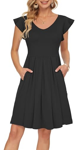 PLOKNRD Donna Abito Estivo Scollo a V Abito a Maniche Corte a Petalo e Tasche Gonna da Spiaggia Casual al Ginocchio Nero S