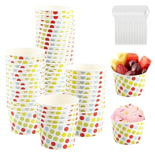 shallyong Eisbecher Pappe, 50 Stück Eisbecher Set mit 50 Stück Löffel, Pappbecher Bunt, Pappbecher Dot, Dessertbecher, Pappschalen, für EIS, Dessert, Gefrorenen Joghurt