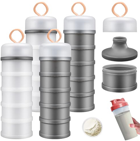 Kaxtde 4 Pack Protein Powder Dispensers Bulk, Stackable 5 Layer Powder Dispenser with Handle, Portable Powder Storage Containers for Adults Workout Travel & Snacks (White, Grey)