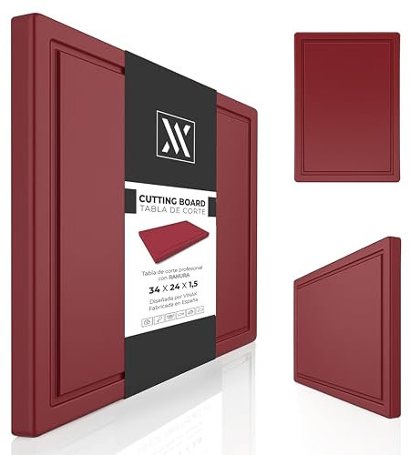 Planche à découper de cuisine avec rainure et patins antidérapants | Fabriquée en PE-HD résistant et antibactérien | Pour hacher et couper tous types d'aliments | 340 x 240 x 15 mm (Bordeaux)
