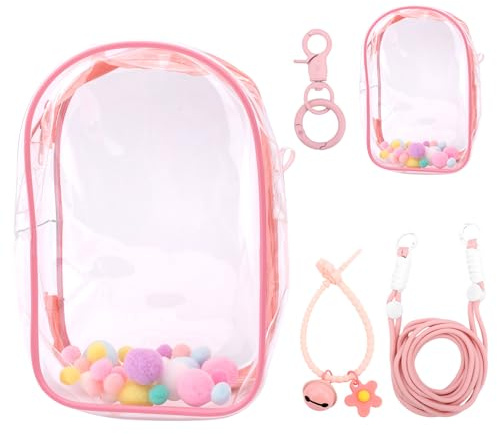 Tinoaly Transparente Figuren Vitrine, Puppenschutzhülle für Plüschpuppen Puppentasche Halter Tragbarer PVC Umhängebeutel Puppenhülle mit Schlüsselanhänger für 15cm/17cm Puppenzubehör (Rosa)