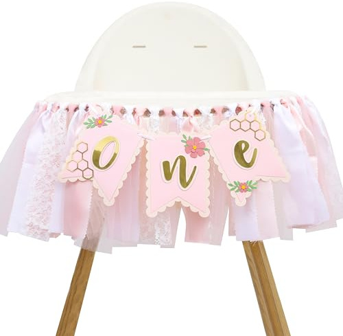 Bee One High Chair Banner - Bee for 1st Birthday Highchair Banner, Beehive Theme Birthday Party Supplies, Sweet One Party Decorations, Daisy First Photo Props (Beehive Banner Pink)