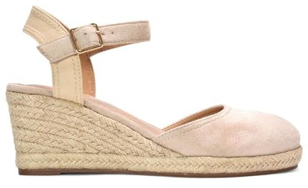 Women's Ankle Strap Wedge Ladies Platform Espadrille Beige Closed Toe Buckle Shoes Size 4