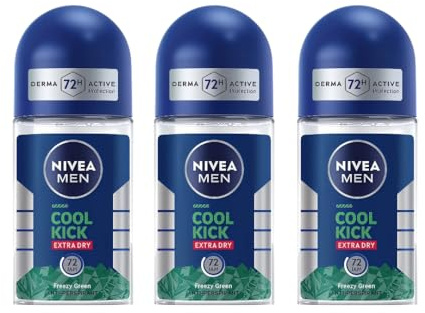 Nivea Men Roll On Deodorant Cool Kick Extra Dry Freezy Green 50mL Long-Lasting Freshness Quick Drying Formula Gentle on Skin for Men, Pack of 3
