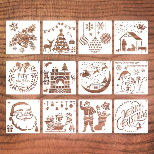 12 Piezas de Plantillas de Navidad Reutilizables de Plástico, Plantilla de Pintura Navideña, para Ventanas, Plantillas de Pintura y Manualidades para Decoraciones de Navidad