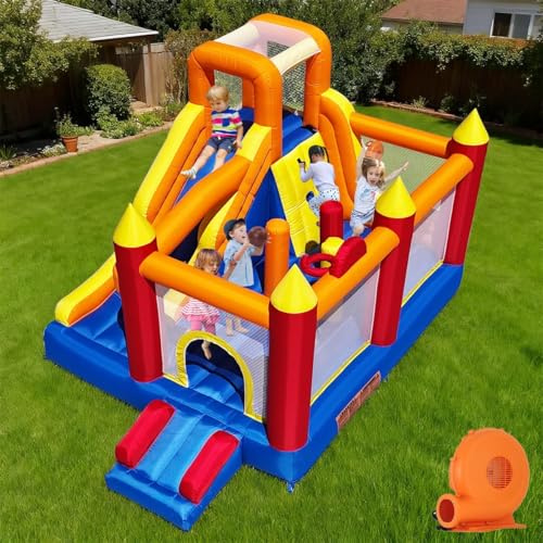 Ballsea 6-in-1 Bouncy Castle with Blower for Children (3.8 * 2.5 * 2.2m) | Long & Short Slides, Climbing Wall, Basketball Hoop, Obstacle Poles, 2.7*1.5m Super Large Jumping Area