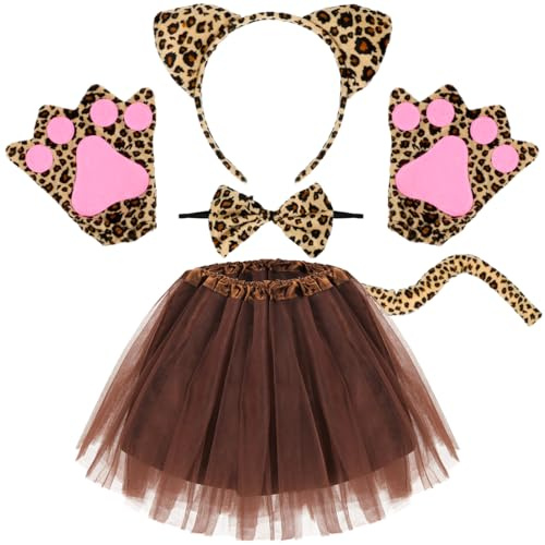 Meleager Deguisement Léopard Enfant - Bandeau Oreilles de Léopard, Noeud Papillon, Gants, Tutu Jupe Marron et Queue, Costume Animaux Enfant pour Carnaval, Noël