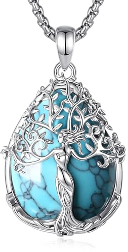 CELESTIA Livets träd halsband dam turkos silverpläterad hänge med kedja i rostfritt stål smycken blå sten presentidé dam födelsedag/alla hjärtans dag/jul