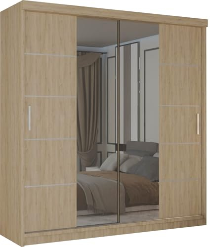 MN Furniture Modern Leads Sliding Door Wardrobe with Mirror & Customizable Interior | Bedroom Storage with Shelves & Rails | 150cm 180cm 203cm (Oak, 180cm)