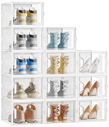 SIMPDIY XL Cajas para Zapatos, 12 Organizador Zapatos Transparentes Apilables con Puertas de Imán y Palillos Aromáticos, Zapatero Plastico hasta Talla EU 46, Blanco