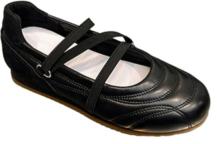 RYLENDOR Mary Jane Sneakers for Women Sneakerina Elastic Cross Strap Ballet Shoes Low Profile Sporty Stitch Lightweight Ballerina, Black, 7