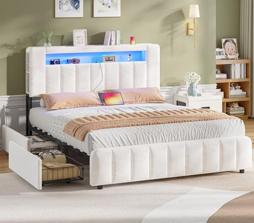 AOGLLATI Lit 140x190 avec Éclairage LED et Multiprise, Lit Double 140x190 avec 4 Grands Tiroirs, 2 Étagère Ouverte et 4 Compartiments Latéraux, Lit avec Sommier à Latte en Bois,Velours Beige