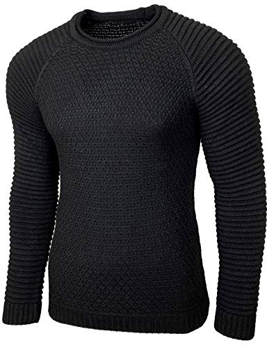 Baxboy B-8056 Pull en tricot à col rond pour homme Grosse maille, Noir , XXL