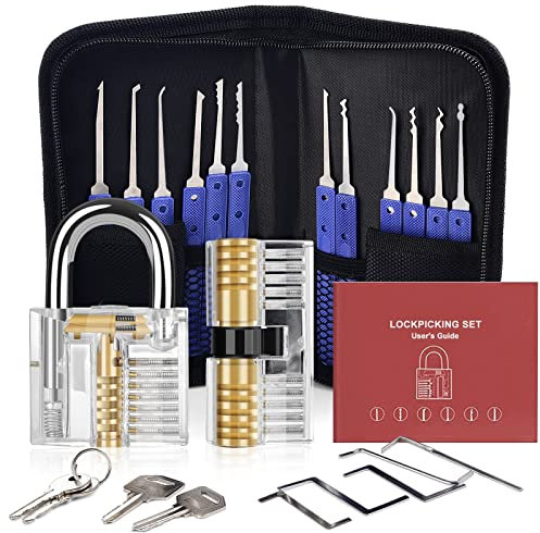 Lock Pick Set, [26 Pieces] Diyife Premium Practice Lock Picking Tools with 2 Transparent Training Padlock for Lockpicking,Guide for Beginner and Locksmith Training(Blue)