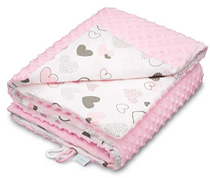 ELIMELI Minky Babydecke Kuscheldecke Krabbeldecke - super weichem Minky Dots Polar Fleece und Baumwolle mit Füllung | Baby Decke 75x100 hoch Qualität (Pink - Hearts)
