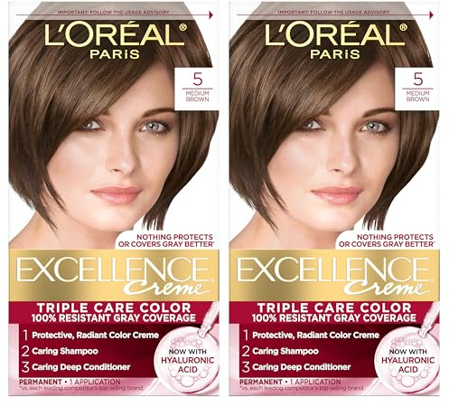 L'Oreal Paris Excellence Crème Permanent Hair Dye, Triple Care Hair Color with Hyaluronic Acid for 100% Gray Coverage, 5 Medium Brown, 1 Kit (Pack of 2) (Packaging May Vary)