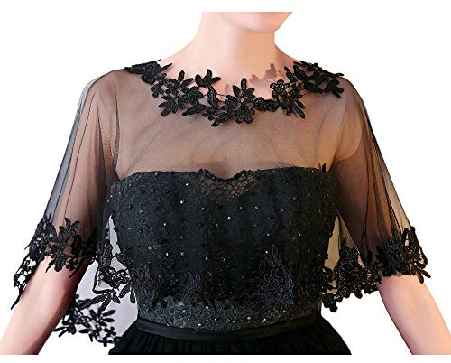 Ayliss Las mujeres de encaje de boda chales envoltura nupcial bordado de hombros Bolero capa cubre hombros hasta noche vestido de fiesta de baile - negro - talla única
