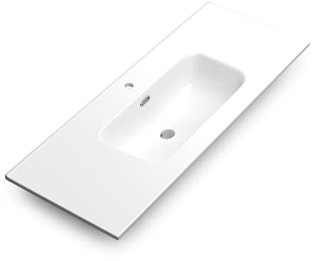 Lavabo Cerámico Baño Blanco | Pila Lavamanos Rectangular | Lavabo Integral 1 Seno Centrado 121.5 cm Ancho X 46.5cm Fondo | Rebosadero y Agujero de Grifo (120cm 1 Seno)