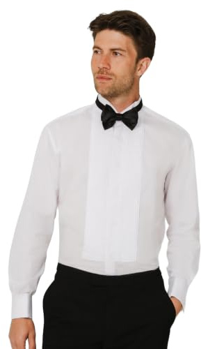 Dobell Mens White Tuxedo Dress Shirt Slim Fit Wing Collar Double Cuff Pleated Fly Front
