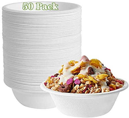 GNCLOUD Paper Bowls 50 Pack Extra Strength Bagasse Disposable Bowls, Eco-Friendly Biodegradable and Compostable, Perfect Non Plastic Alternative Serving Dishes