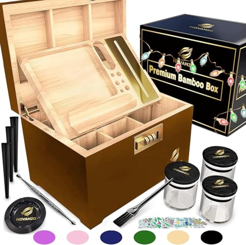 HOVANZO Premium Large Bamboo Storage Box with Removable Tray - Storage Wood Box for Herbs and Accessories - Storage Box Set with Combination Lock - Smell Proof Container with Accessories
