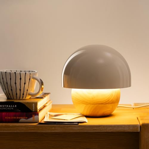 Lightbox Pilz Tischlampe | Deko Tischleuchte mit Wipp-Schalter | 20 cm Höhe & 20 cm Durchmesser | E14 Fassung | Wohnzimmer-Lampe aus Metall/Holz in Hell-Braun/Grau