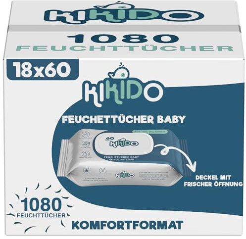 Kikido Toallitas Bebe Humedas - 1080 Unidades, 18 Paquetes de 60 Toallitas para Recién Nacidos - Caja Toallitas Humedas - Fórmula Suave sin Alcohol para Pieles Sensibles