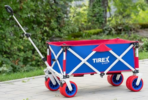 TIREX by xonic® Bollerwagen Vollgummi-PU-Universal-Räder - Robuster Transport-Wagen, faltbar mit Fußbremsen - Hand-Karre mit 2-Fach verstellbarem Griff - Unfold & Go (PU XL Räder, White'n Red)