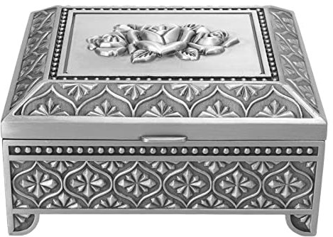 Firlar Schmuckkästchen, Geschenkbox für Frauen und Mädchen, Vintage-Rosenmuster, Geprägt, Einlagige Flip-Top-Schmuckaufbewahrungsbox aus Zinklegierung, Schmuckaufbewahrung(Antikes Silber)